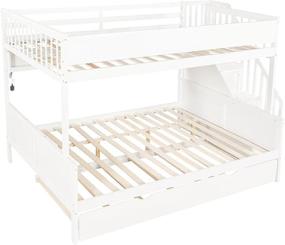 Modern Bunk Bed Full XL Over Queen Size with Storage Shelves and Staircase, Solid Wood Bunk Bed Frame with Trundle and LED Light for Kids Teens Adults (White-3.9)