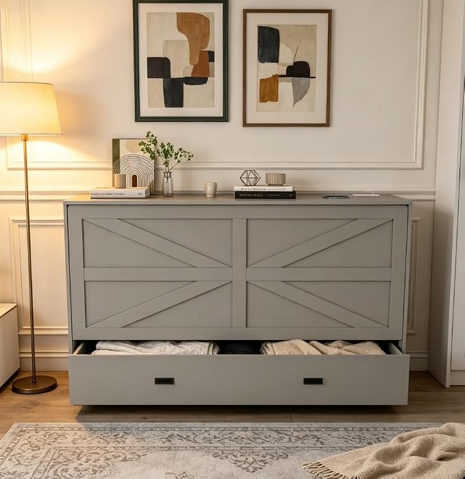 Bellemave Full Murphy Bed with Mattresses and Charging Stations and Storage Drawer, Farmhouse Murphy Cabinet Bed with Foldable Panel, Noisy Free, for Guest Bedroom, Living Room, Gray