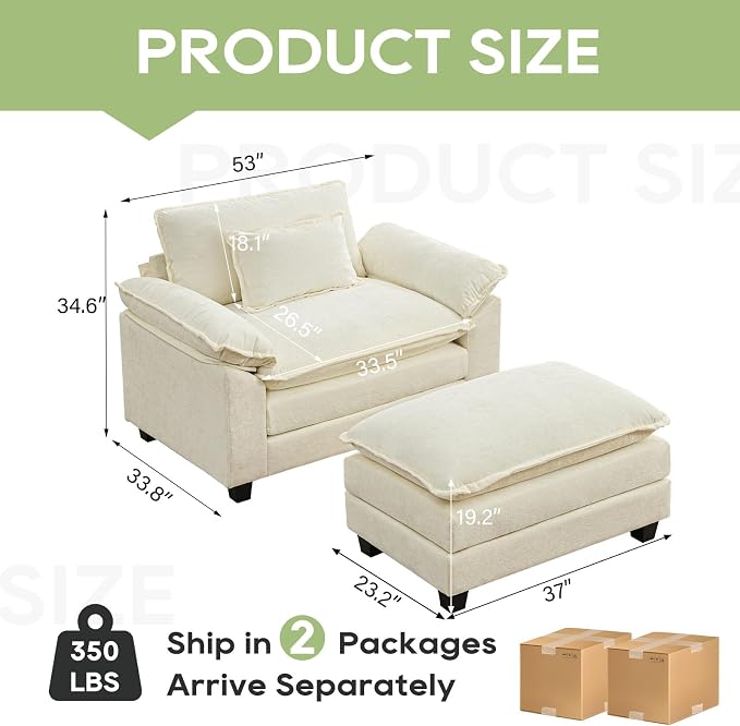 Oprisen 53" Modular Sectional Sofa, Comfy Cloud Couch Sectional Sofa with Ottoman, Chenille Sofa Sleeper Deep Seat Sofa with Throw Pillows for Living Room (Beige White)