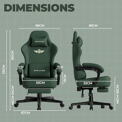 GTPLAYER Gaming Chair with Pocket Spring Cushion, Big and Tall Gamings Chairs 350LBS High Back Computer Chair with Footrest for Adults Lumbar Support Swivel Game Chair for Office, Leather Green
