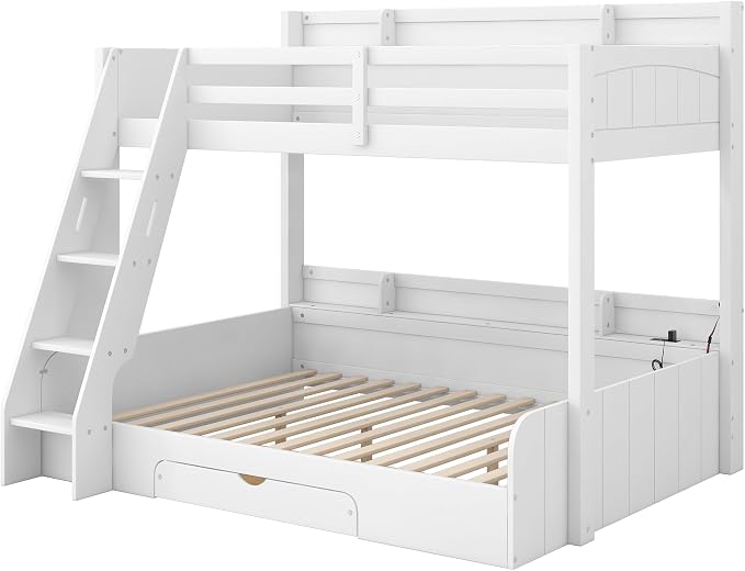 Wood Bunk Bed Twin Over Full Size with Built-in Storage Shelves and Charging Station, Versatile Bunk Bed Frame with Ladder and Guardrail for Kids Teens Adult, Maximize Space (White-5.6)