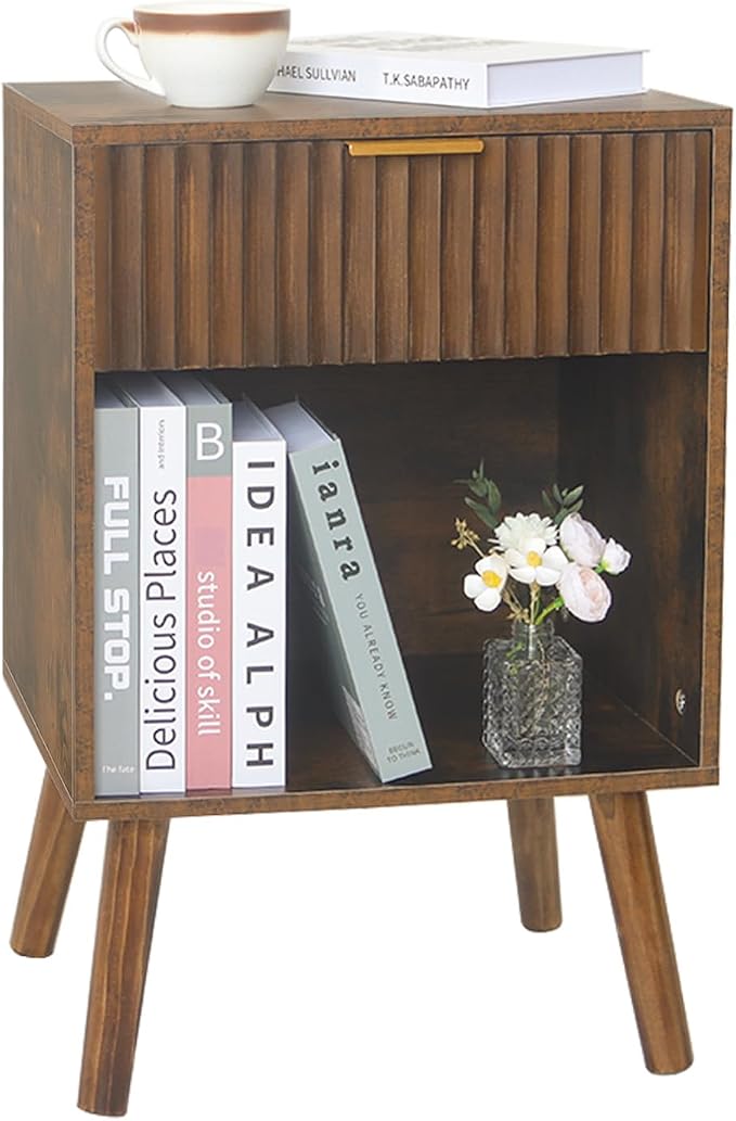 Fultyle Mid Century Modern Nightstand, Wood Bedside Table with Drawer and Open Storage, End Table Living Room Fluted Night Stand with Solid Wood Legs for Bedroom (Rustic Brown)