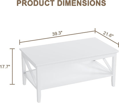 ChooChoo White Coffee Table Classic X Design for Living Room, Rectangular Modern Cocktail Table with Storage Shelf, 39 Inch