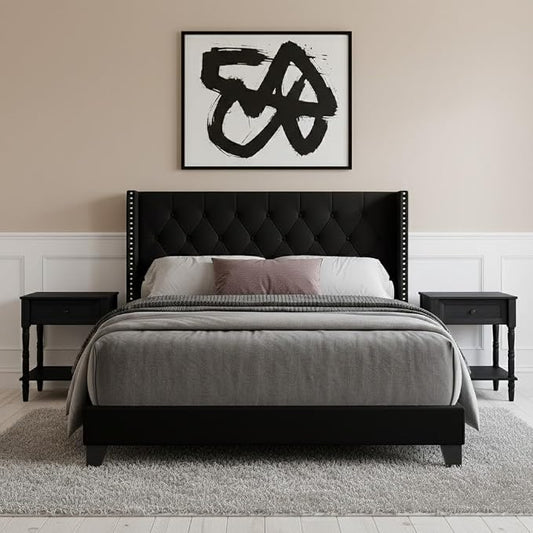 HOME DESIGN Homer Queen Tufted Wingback Upholstered Panel Bed with 2 Matching 1 Drawer Nightstands, Bedroom Furniture Set with Open Shelf Storage, Black Black