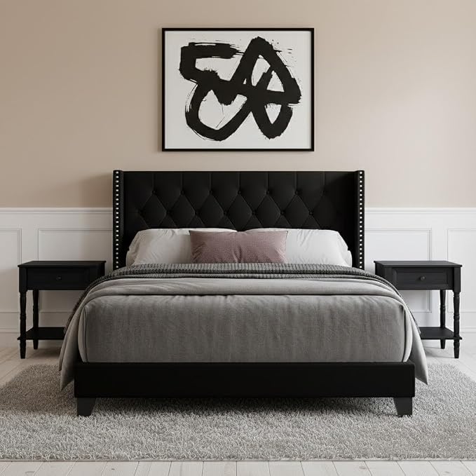 HOME DESIGN Homer Twin Tufted Wingback Upholstered Panel Bed with 2 Matching 1 Drawer Nightstands, Bedroom Furniture Set with Open Shelf Storage, Black Black