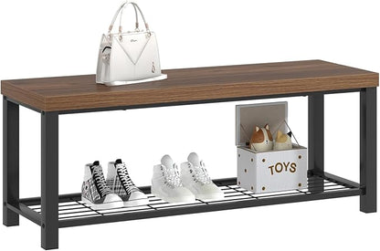 FOLUBAN Modern Entryway Bench - Rustic Wood and Metal Shoe Storage for Hallway Front Door Entrance, Industrial Indoor Seat for Bedroom Living Room, 43 Inch Walnut
