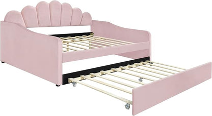 Ball & Cast Full Size Daybed with Trundle,Velvet Upholstered Day Bed Frame Full with Shall Shaped Backrest and Wood Slat Support,No Box Spring Needed,Pink