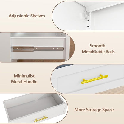 Metal Tall Narrow Storage Cabinet, Freestanding Floor Cabinet with Drawers and Adjustable Shelves, Pantry Storage Cabinets for Bathroom, Living Room, Entryway and Kitchen,White