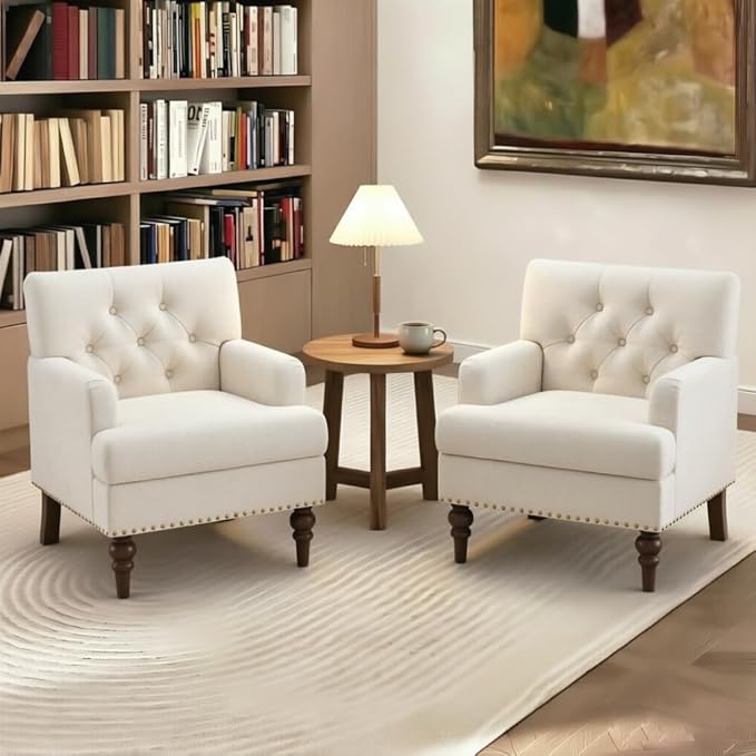 MALOL Upholstered Accent Chair Set of 2, Comfy Reading Chair for Living Room, Mid Century Modern Armchair with Thick Cushion & Solid Rubberwood Legs, for Bedroom/Small Spaces, Beige