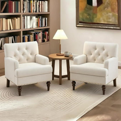 MALOL Upholstered Accent Chair Set of 2, Comfy Reading Chair for Living Room, Mid Century Modern Armchair with Thick Cushion & Solid Rubberwood Legs, for Bedroom/Small Spaces, Beige