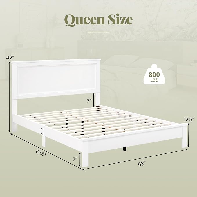 Giantex Wood Queen Platform Bed Frame with Headboard, Mid Century Bed Frame with Solid Wood Legs & Wooden Slat Support, No Box Spring Needed, White Bed