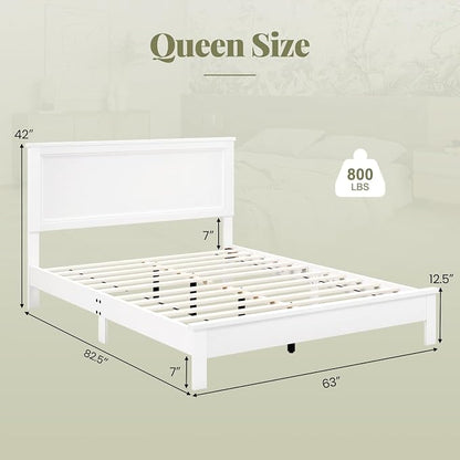 Giantex Wood Queen Platform Bed Frame with Headboard, Mid Century Bed Frame with Solid Wood Legs & Wooden Slat Support, No Box Spring Needed, White Bed