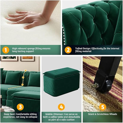 89'' Pull Out Sofa Bed King, Chesterfield Velvet Sleeper Sofa, Convertible L-Shaped Futon Couch, Tufted Back, 4 Pillows, Ottoman, Deep Seat Loveseat Couches for Living Room, Apartment, Green