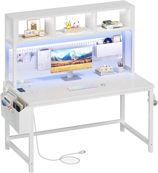 White Gaming Desk with Hutch and Pegboard - Computer Desk with Hutch, Power Outlet, 47 Inch Art Desk with Storage, Hooks, RGB and Side Bag, Writing Modern Study Teen Desks for Girl Bedroom Home Office