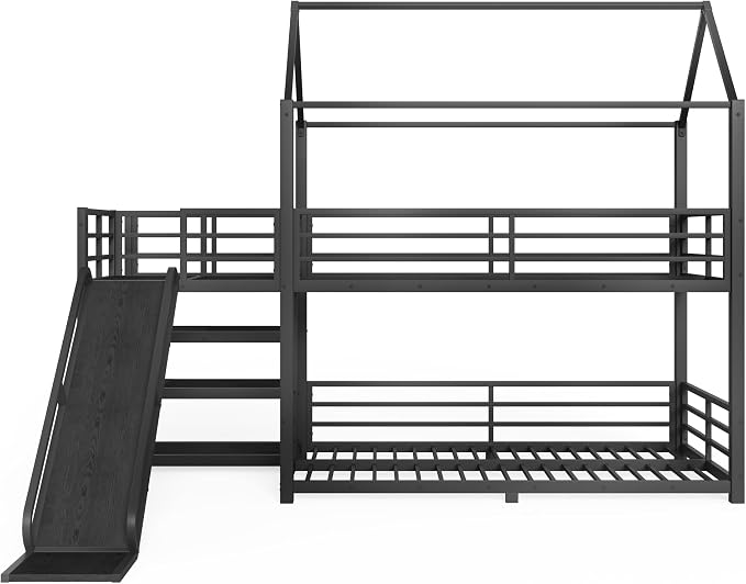 Harper & Bright Designs Metal House Bunk Bed with Slide and Roof, Twin Over Twin Floor Bunk Bed with Staircase and Full Length Guardrails, No Box Spring Required, Noise Free, Space Saving, Black