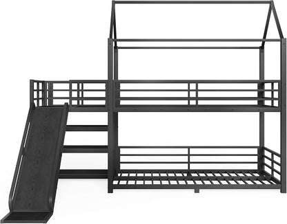 Harper & Bright Designs Metal House Bunk Bed with Slide and Roof, Twin Over Twin Floor Bunk Bed with Staircase and Full Length Guardrails, No Box Spring Required, Noise Free, Space Saving, Black
