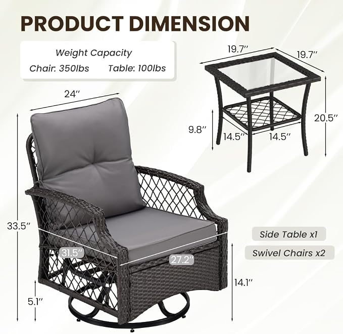 3-Piece Patio Furniture Set, Wicker Outdoor Bistro Set Swivel Glider Patio Chairs x 2 with Cushions, High Back All-Weather Rattan Outdoor Furniture for Porch, Backyard (Grey + Wicker)