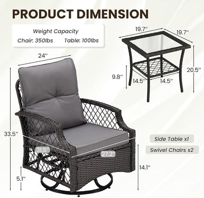3-Piece Patio Furniture Set, Wicker Outdoor Bistro Set Swivel Glider Patio Chairs x 2 with Cushions, High Back All-Weather Rattan Outdoor Furniture for Porch, Backyard (Grey + Wicker)
