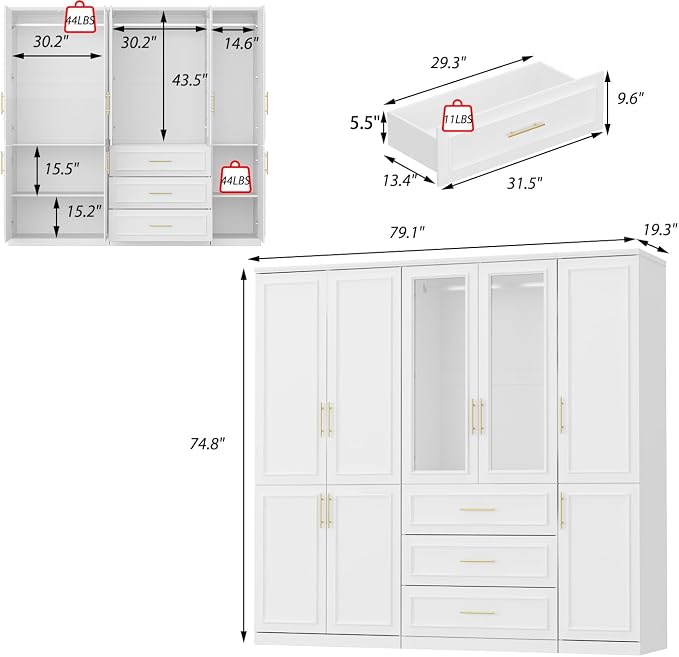WOODTIME Wardrobe Closet with 3 Hanging Rods, 8 Framed Doors & 3 Drawers, Modern Wooden Armoire with Glass Doors & 7 Shelves, Clothes Storage Cabinet Organizer for Bedroom, White