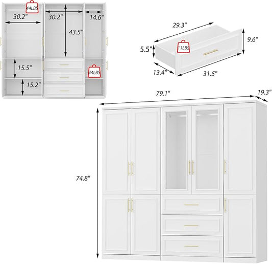 WOODTIME Wardrobe Closet with 3 Hanging Rods, 8 Framed Doors & 3 Drawers, Modern Wooden Armoire with Glass Doors & 7 Shelves, Clothes Storage Cabinet Organizer for Bedroom, White