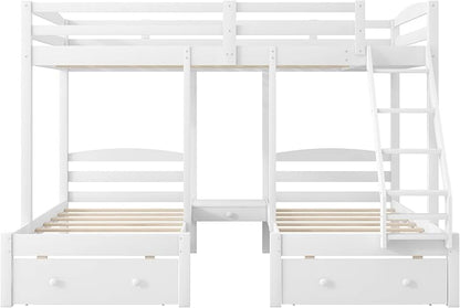 VilroCaz Wood Bed Bunk Bed with 2 Storage Drawers for 3, Full Over Twin & Twin Bunk Bed Frame with Built-in Middle Drawer, Guardrail and Ladder for Kids Teens Adults, Maximized Space Design