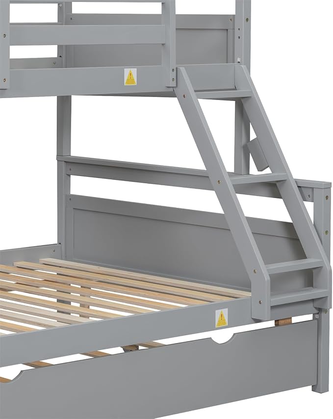 Merax Trundle Bunk Bed, Twin Over Full Wood Bunk Bed with Twin Size Trundle and Ladder, 3-in-1 Convertible to 2 Separate Beds, Solid Wood Frame with Guardrail, Grey