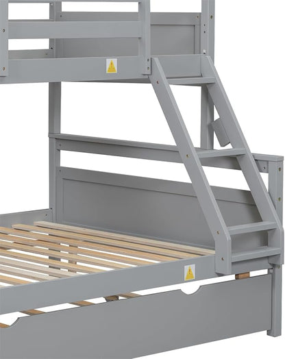 Merax Trundle Bunk Bed, Twin Over Full Wood Bunk Bed with Twin Size Trundle and Ladder, 3-in-1 Convertible to 2 Separate Beds, Solid Wood Frame with Guardrail, Grey