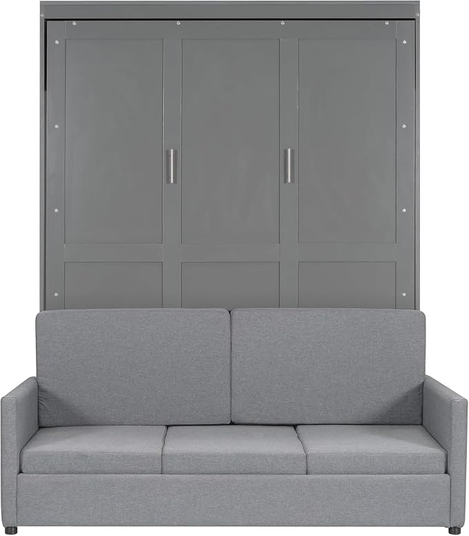 MERITLINE Queen Murphy Bed with Couch,Wood Murphy Bed Cabinet with Sofa,Folding Murphy Wall Bed Queen Size Grey Murphy Bed Cabinet
