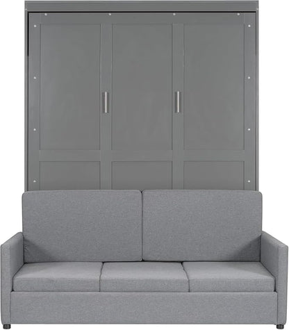 MERITLINE Queen Murphy Bed with Couch,Wood Murphy Bed Cabinet with Sofa,Folding Murphy Wall Bed Queen Size Grey Murphy Bed Cabinet
