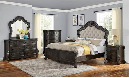BOWERY HILL 6-Piece Queen Panel Wood Bedroom Set, Multi-Step Molasses Finish, Hardwood Solids and Veneers, Button-Tufted Headboard, Antique-Style Drawer Pulls, Traditional Design Furniture Set for