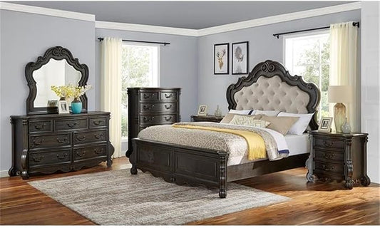 BOWERY HILL 6-Piece Queen Panel Wood Bedroom Set, Multi-Step Molasses Finish, Hardwood Solids and Veneers, Button-Tufted Headboard, Antique-Style Drawer Pulls, Traditional Design Furniture Set for