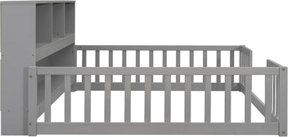 Bellemave Kids Montessori Floor Bed,Full Size Floor Bed with Bookcase and Shelves,Full Bed Frame with Guardrails for Kids,Girls,Boys,Full,Gray