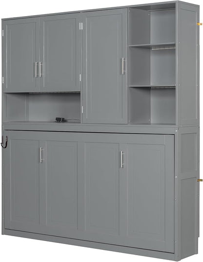 Ball & Cast Murphy Bed Twin Bed Frame with Top Cabinet,Hideaway Bedframe w/Shelves and Dual-Piston Metal Folding Mechanism,Space Saving Foldable Bed w/Light & USB,for Small Room,Gray