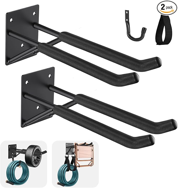 14" Garage Hooks Heavy Duty 4-Pack - Garage Storage System Hooks, Ladder Hooks for Garage Wall & Broom Holder Wall Mount | Non-Slip Tire Rack & Heavy Duty Wall Hooks for Hanging Ladders, Chairs.