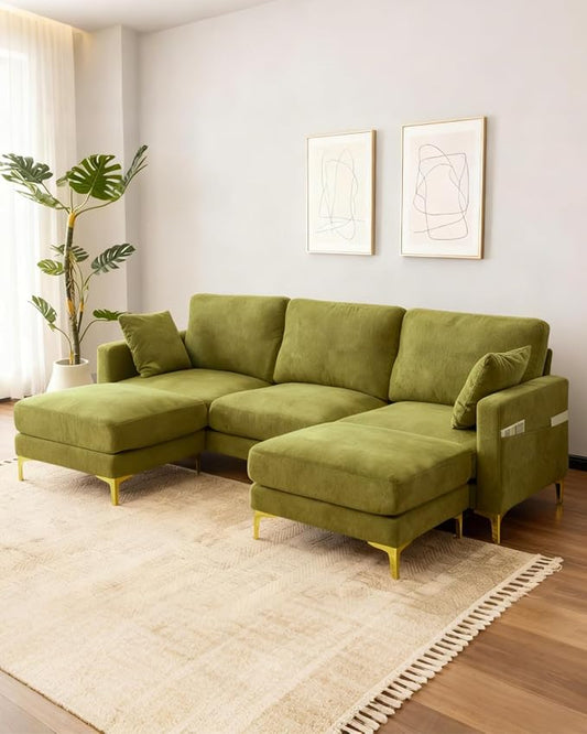 Karl home 99.6" 3-Seat U-Shaped Sectional Sofa, Green | Chenille Upholstered, 2 Movable Ottomans, Cloud-Like Seat, 2 Throw Pillows, Comfy Deep Seat, Living Room, Apartment, Office