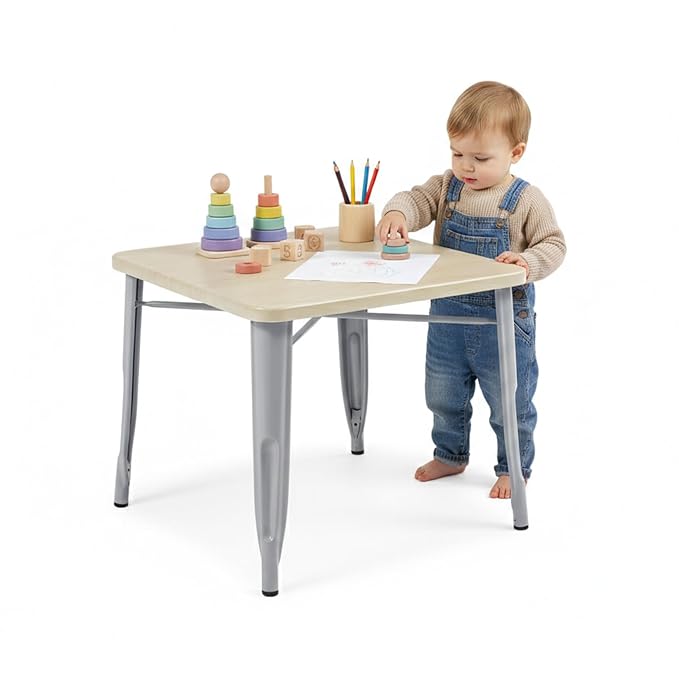 Delta Children Bistro Kids Play Table - Ideal for Arts & Crafts, Snack Time, Homeschooling, Homework & More, Grey Metal/Natural Birch