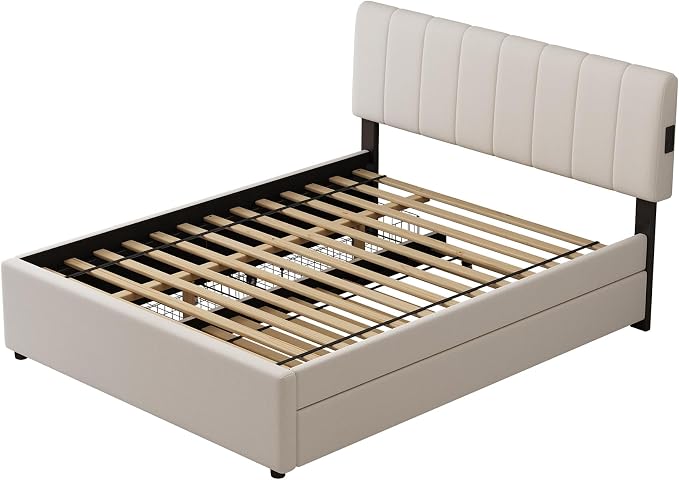Full Size Upholstered Platform Bed w/Trundle Bed & 2 Storage Drawers | Twin Size Trundle,Two Drawers,LED Lighting Controlled by APP, USB+Type-C Charging Ports, Chenille Upholstered Bed Frame,Beige