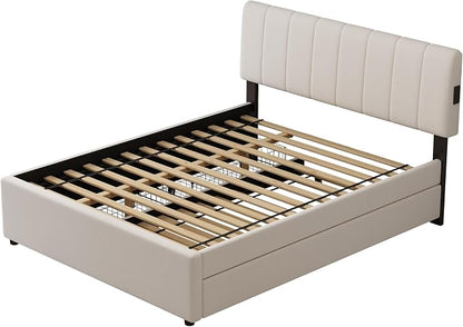 Full Size Upholstered Platform Bed w/Trundle Bed & 2 Storage Drawers | Twin Size Trundle,Two Drawers,LED Lighting Controlled by APP, USB+Type-C Charging Ports, Chenille Upholstered Bed Frame,Beige