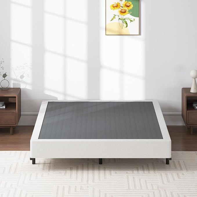 SHLAND Queen Box Spring 7 Inch Low Profile Queen Size Bed Base, 3000 lbs Black Heavy Duty Metal Mattress Foundation with Easy Clean Fabric Cover, Easy Assembly