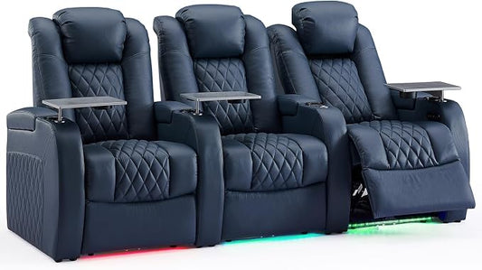 Weilianda Home Theater Seating Top Grain Leather Zero Gravity Recliner Chair Power Headrest Recline Movie Seat Gaming 7 Colors Mood Light Sofa with Tray Table USB Charge Row of 3 Blue