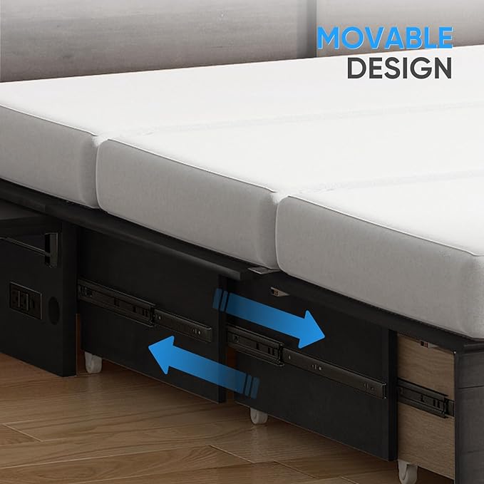 PUREMIND Queen Murphy Bed Cabinet, Murphy Bed with Mattress Included, Storage Drawer and Bedside Panel, Built-in Charging Station, Solid Wood Space-Saving Wallbed Hideaway Beds for Guest Room
