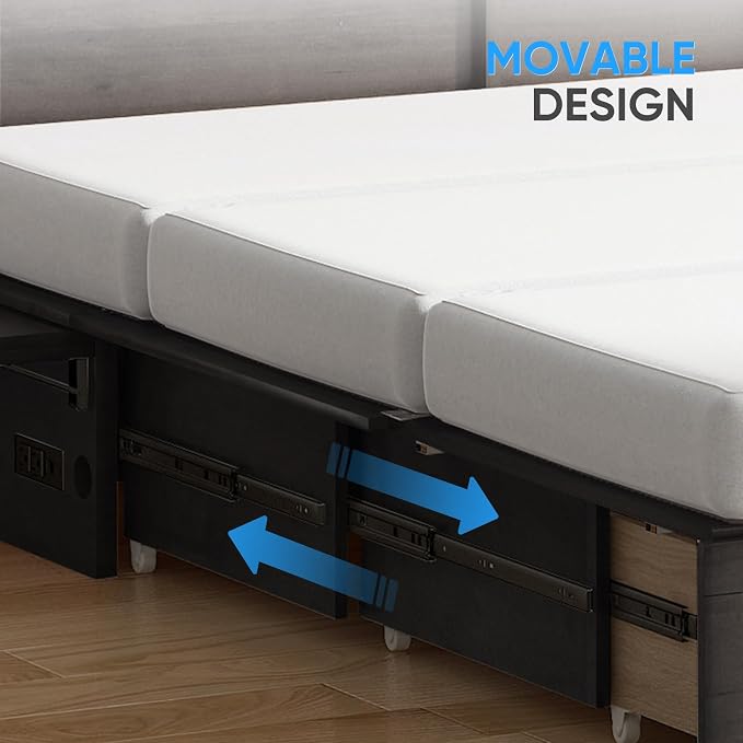 PUREMIND Queen Murphy Bed with Mattress Included, Murphy Cabinet Bed with Storage Drawer, Built-in Charging Station, Solid Wood Frame, Space-Saving Cabinet Beds for Small Spaces/Guest Room (Gray)