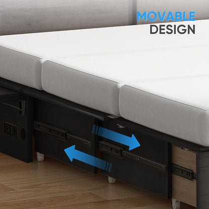 PUREMIND Queen Murphy Bed with Mattress Included, Murphy Cabinet Bed with Storage Drawer, Built-in Charging Station, Solid Wood Frame, Space-Saving Cabinet Beds for Small Spaces/Guest Room (Gray)
