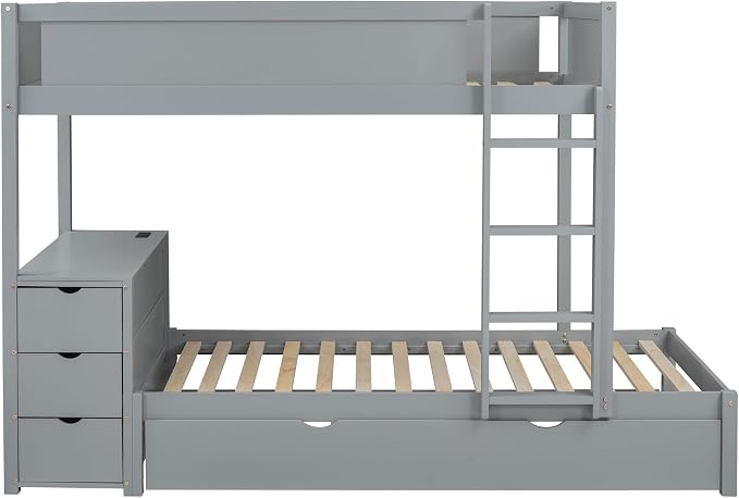 Harper & Bright Designs Twin Over Twin Bunk Bed Twin Size Trundle, Wood Twin Bunk Bed with USB Ports, Storage and Desk, Gray
