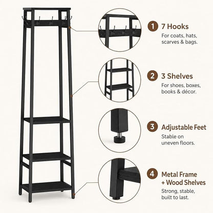 Coat Rack Freestanding, Coat Stand with 3 Shelves and 7 Hooks, Hall Tree Free Standing, Clothes Rack Stand Organizer for Bedroom, Hallway, Entryway, Living Room, Industrial Style, Black