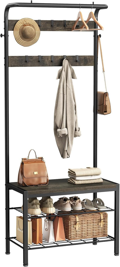 Hall Tree with Bench and Shoe Storage, 4-in-1 Entryway Organizer with 10 Hooks and Storage Shelf,Coat Rack Freestanding with 2-Tier Storage Shelf for Living Room, Bedroom Gray