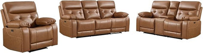 CANMOV Genuine Leather Power Reclining Sofa Set,Living Room Furniture Sofa Set,Power Recliner Chair,Loveseat and Sofa with Storage Console, USB Ports, Cup Holders for Living Room,Brown