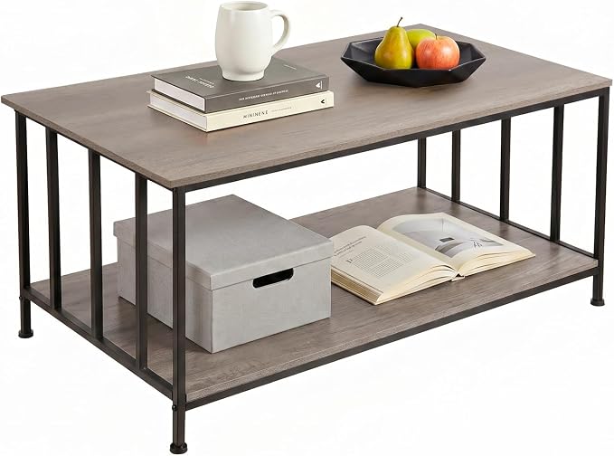 SENIG 2-Tier Coffee Table 39.4" with Slatted Sides Frame, Grey Oak | Industrial Wood and Metal Center Table for Home Office Kitchen 39.4" L x 21.7" W