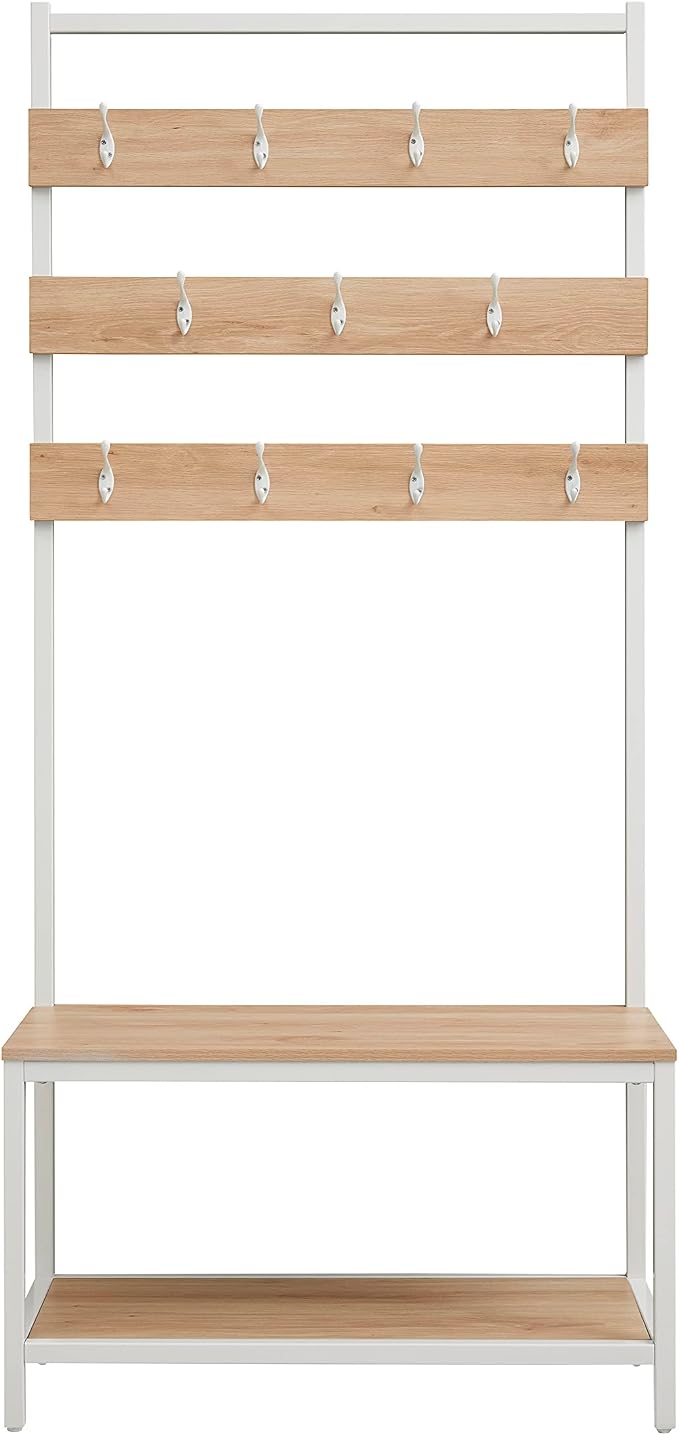 Linon Shaymus White Metal Hall Tree with Natural Wooden Topped Bench and Shelf with Multiple Hanging Hooks