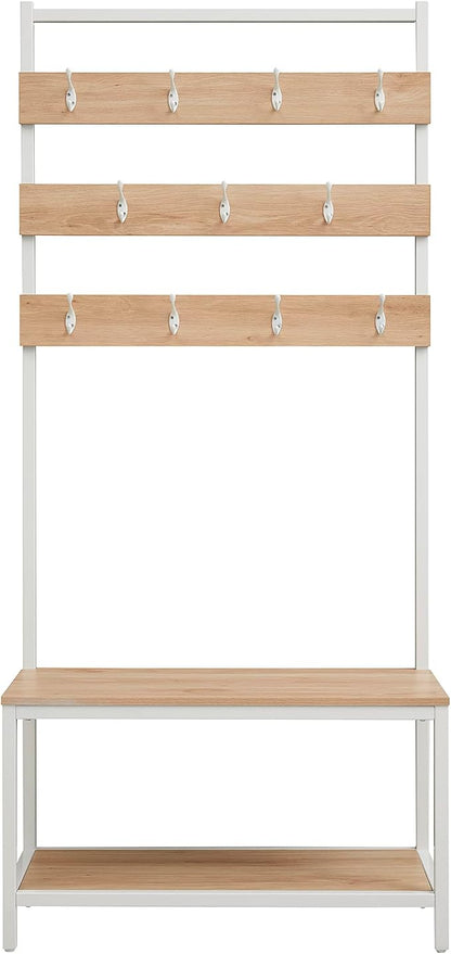 Linon Shaymus White Metal Hall Tree with Natural Wooden Topped Bench and Shelf with Multiple Hanging Hooks